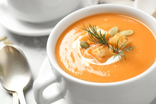 Tasty Creamy Pumpkin Soup Croutons Seeds Dill Bowl Table Closeup — Stock Photo, Image