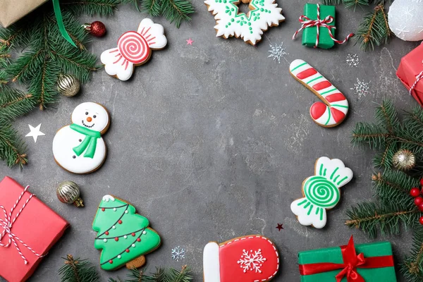 Frame Decorated Christmas Cookies Gift Boxes Grey Table Flat Lay — Stock Photo, Image