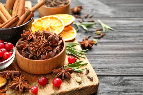 Composition Mulled Wine Ingredients Black Wooden Table Closeup Space Text — Stock Photo, Image