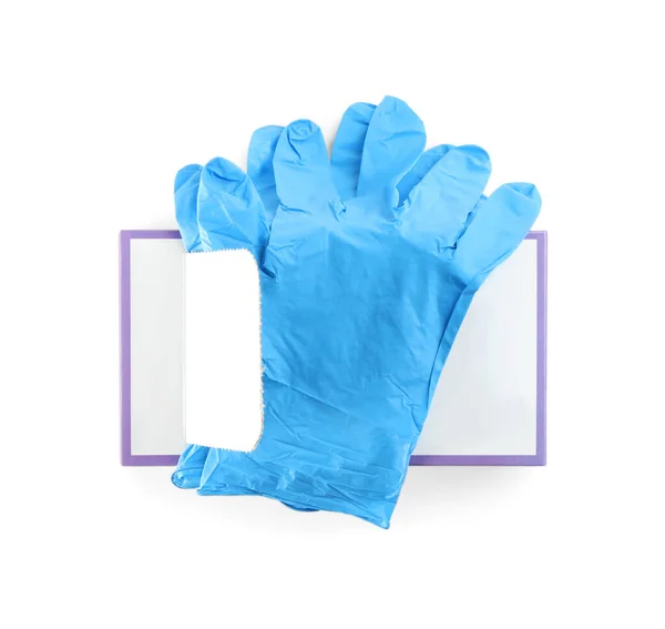 Caja Guantes Médicos Nuevos Aislados Blanco Vista Superior — Foto de Stock