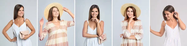 Kolaż Zdjęciami Młodych Kobiet Noszących Różne Sukienki Jasnym Tle — Zdjęcie stockowe