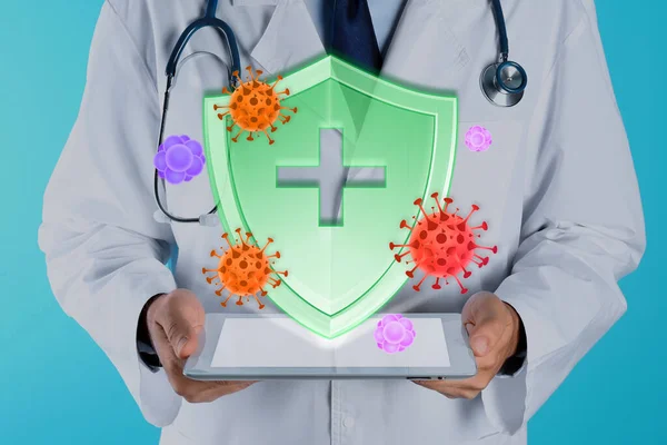 免疫学者と盾クロスウイルス保護の象徴としてライトブルーの背景に クローズアップ — ストック写真