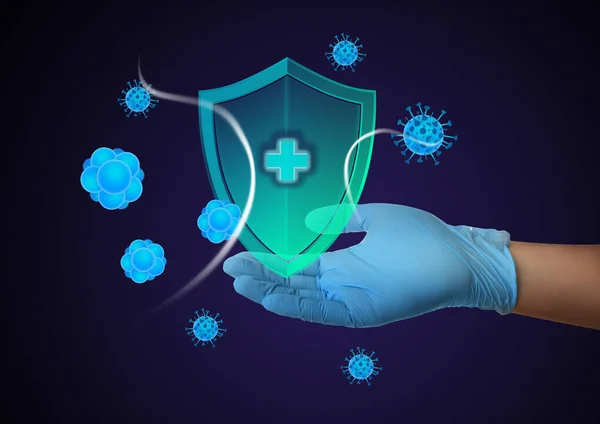 Immunologist and shield with cross as symbol of virus protection on blue background, closeup
