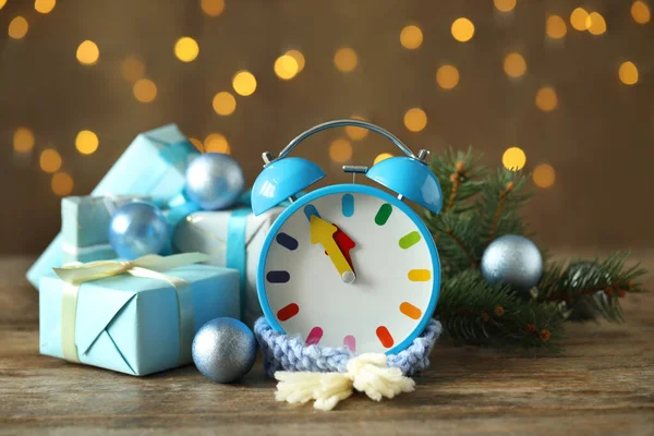 Alarm Clock Decor Wooden Table Blurred Christmas Lights Closeup New — Stock Photo, Image