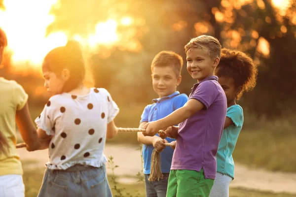 Söta Små Barn Leker Dragkamp Parken Vid Solnedgången — Stockfoto