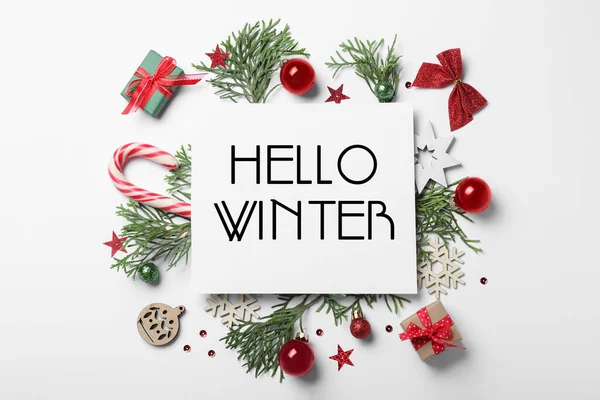 Cartão Saudação Com Texto Olá Inverno Caixas Presente Decoração Natal — Fotografia de Stock
