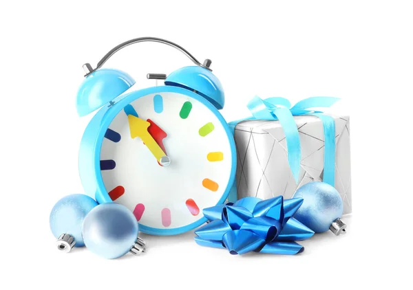 Alarm Clock Gift Festive Decor White Background New Year Countdown — Stock Photo, Image