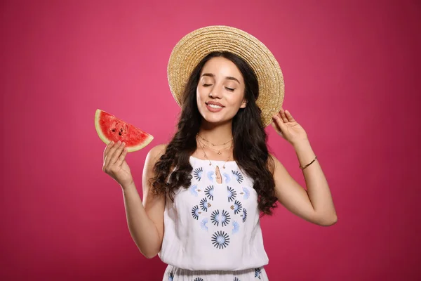 Beautiful Young Woman Watermelon Pink Background — Stock Photo, Image