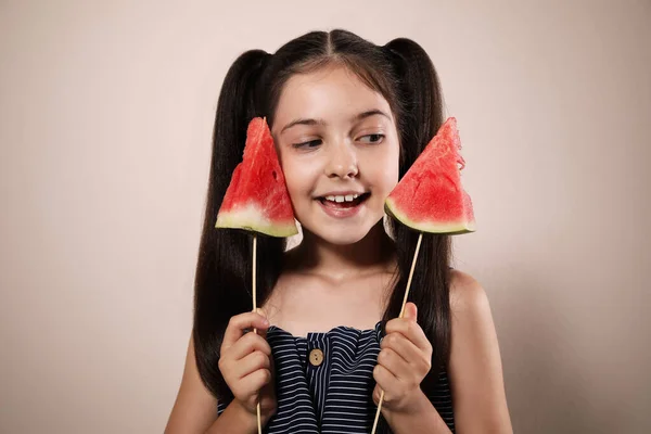 Cute Little Girl Watermelon Beige Background — Stock Photo, Image
