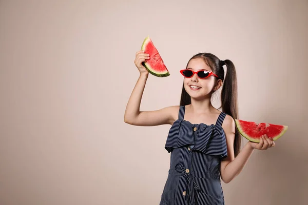 Cute Little Girl Watermelon Beige Background Space Text — Stock Photo, Image