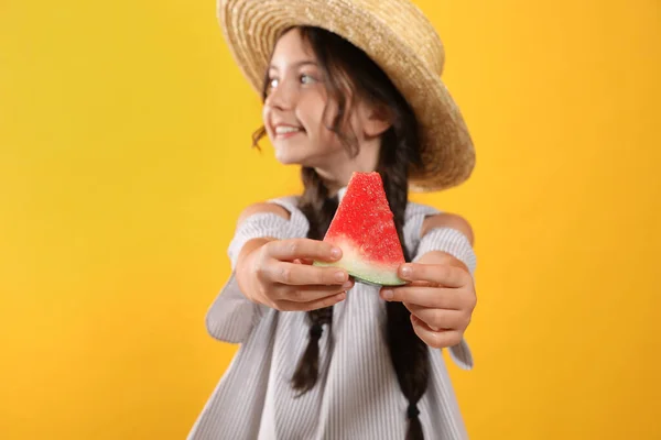 Cute Little Girl Yellow Background Focus Hands Watermelon — Stock Photo, Image
