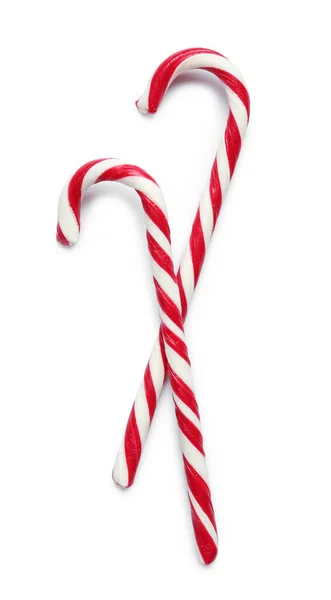 Sladké Cukrové Tyčinky Bílém Pozadí Horní Pohled Vánoční Dárek — Stock fotografie