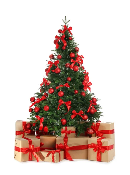 Beautifully Decorated Christmas Tree Gifts White Background — Stock Photo, Image