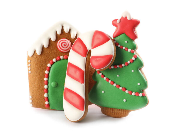 Different delicious Christmas cookies on white background