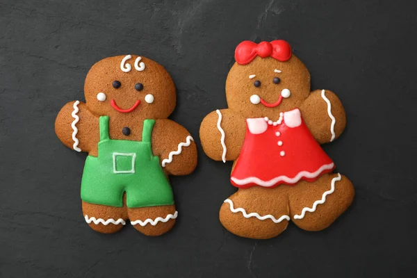 Gingerbread Man Woman Black Table Flat Lay Delicious Christmas Cookies — Stock Photo, Image