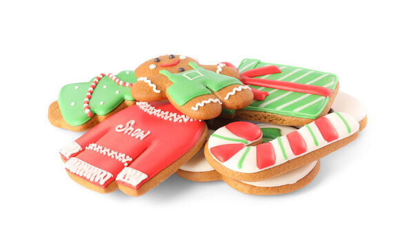 Pile of Christmas cookies on white background