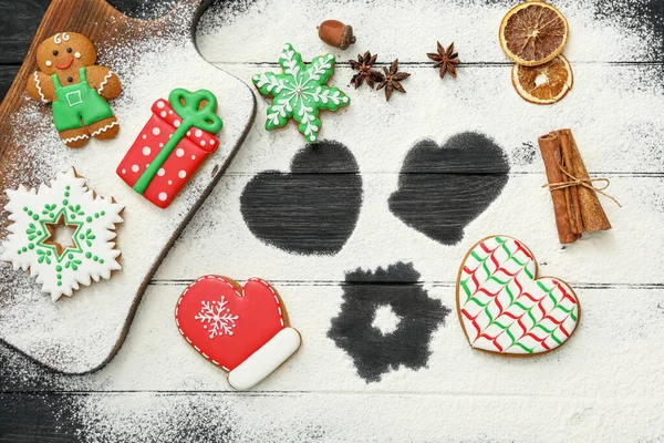 Flat Lay Composition Delicious Homemade Christmas Cookies Flour Table — Stock Photo, Image