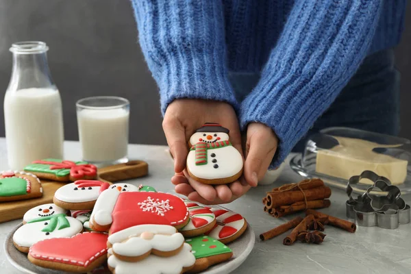 Woman Holding Delicious Homemade Christmas Cookie Grey Marble Table Closeup — Stock Photo, Image