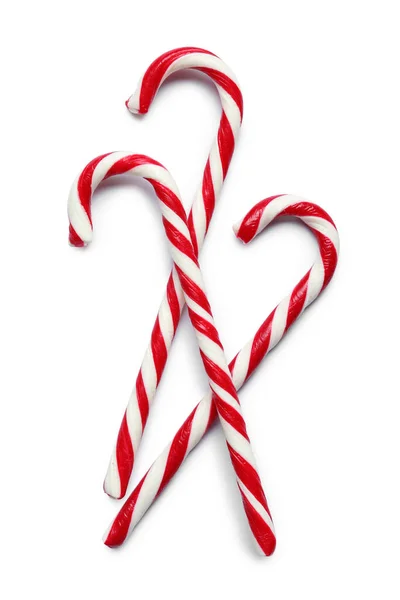 Zoete Snoepstokken Witte Achtergrond Bovenaanzicht Kersttraktatie — Stockfoto