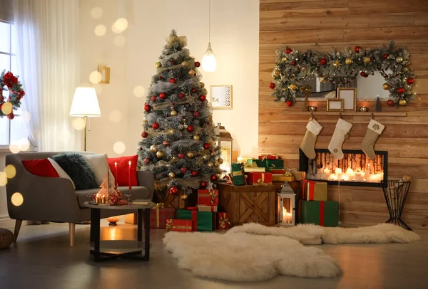 Schöner Weihnachtsbaum Wohnzimmer Bokeh Effekt Festliches Interieur — Stockfoto