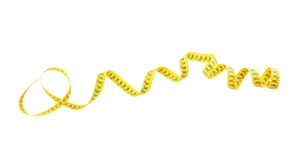 Nova Fita Métrica Amarela Isolada Vista Superior Branca — Fotografia de Stock