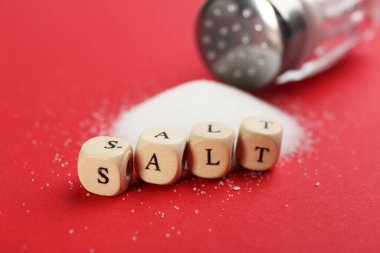 Kelime SALT kırmızı arka planda küplerle yapılmış, yakın plan