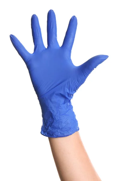 Kobieta Niebieskich Rękawiczkach Lateksowych Pokazuje Pięć Palców Białym Tle Zbliżenie — Zdjęcie stockowe