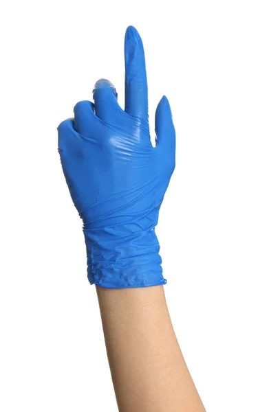 Vrouw Blauw Latex Handschoenen Wijzend Naar Iets Witte Achtergrond Close — Stockfoto