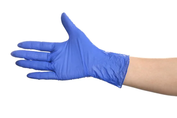 Frau Blauen Latex Handschuhen Auf Weißem Hintergrund Nahaufnahme Der Hand — Stockfoto
