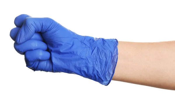 Mulher Luvas Látex Azul Mostrando Punho Fundo Branco Close Mão — Fotografia de Stock
