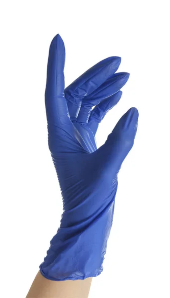 Mulher Luvas Látex Azul Segurando Algo Fundo Branco Close Mão — Fotografia de Stock
