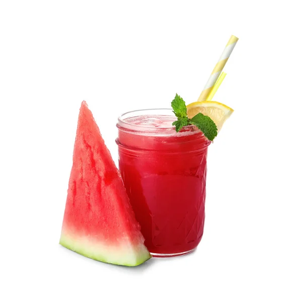 Läckra Färska Vattenmelon Dryck Med Färsk Frukt Vit Bakgrund — Stockfoto