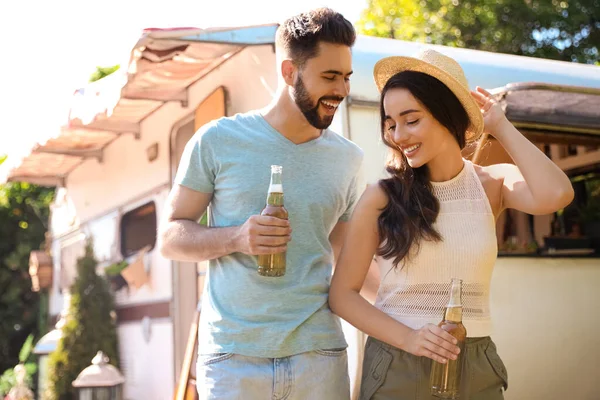 Happy Couple Bottles Beer Motorhome Camping Season — Stock Photo, Image