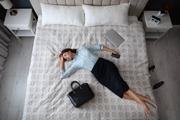 Exhausted Businesswoman Office Wear Sleeping Bed Home Work View — Stock Photo, Image