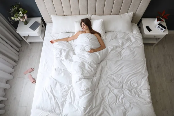 Tired Woman Sleeping Bed Home View — Stock Photo, Image