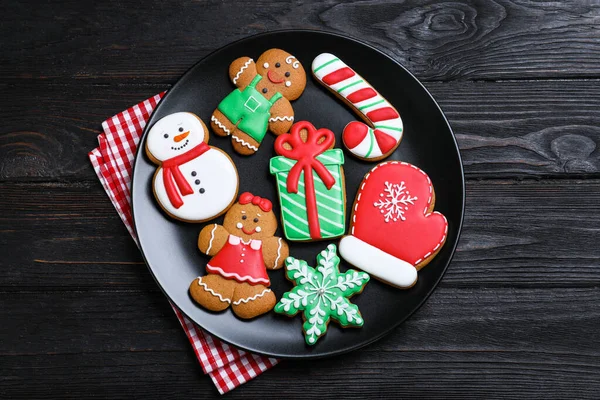 Delicious Christmas Cookies Black Wooden Table Table Top View — Stock Photo, Image