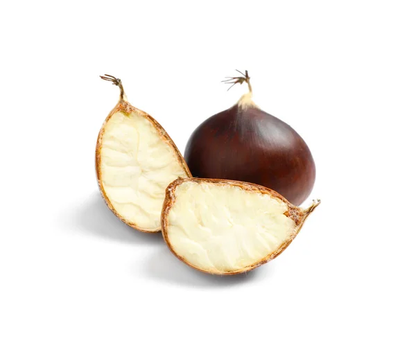 Fresh Sweet Edible Chestnuts White Background — Stock Photo, Image