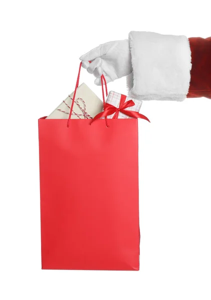 Santa Holding Paper Bag Gift Boxes White Background Closeup — Stock Photo, Image