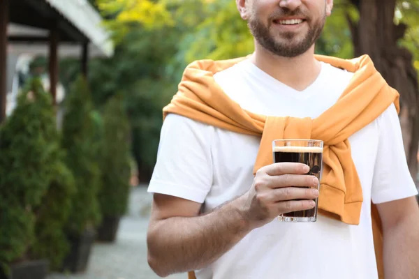 Young Man Cold Kvass Outdoors Closeup Traditional Russian Summer Drink — Stock Photo, Image