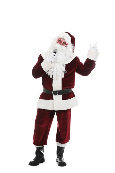 Papai Noel Cantando Com Microfone Fundo Branco Música Natal — Fotografia de Stock