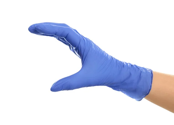 Woman Blue Latex Gloves Holding Something White Background Closeup Hand — Stock Photo, Image