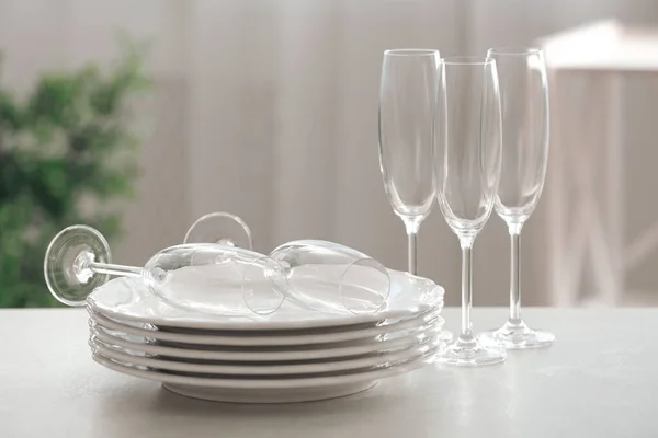 Set Clean Dishware Champagne Glasses Table Indoors — Stock Photo, Image