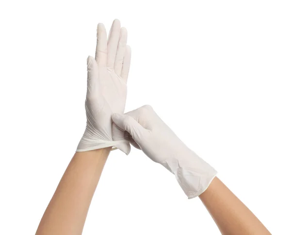 Arzt Mit Medizinischen Handschuhen Auf Weißem Hintergrund Nahaufnahme — Stockfoto
