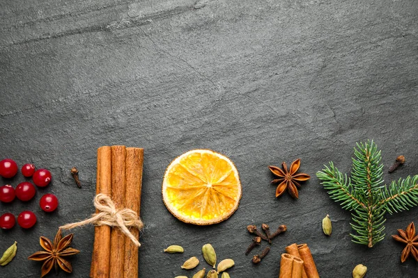 Flat Lay Composition Mulled Wine Ingredients Fir Branch Black Slate — Stock Photo, Image