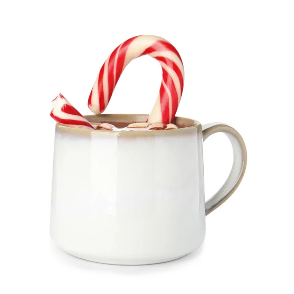 Copo Cacau Saboroso Com Marshmallows Cana Doces Natal Isolado Branco — Fotografia de Stock