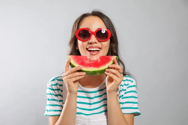 Beautiful Young Woman Watermelon Grey Background — Stock Photo, Image