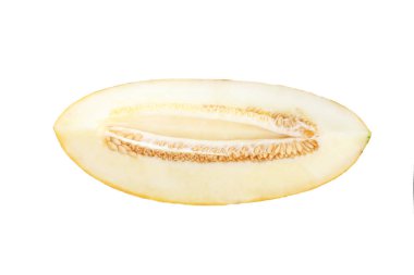 Lezzetli olgun kavun dilimleri beyaza izole edilmiş, üst manzara.