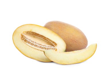 Tam ve lezzetli olgun kavunları beyazda izole edilmiş.