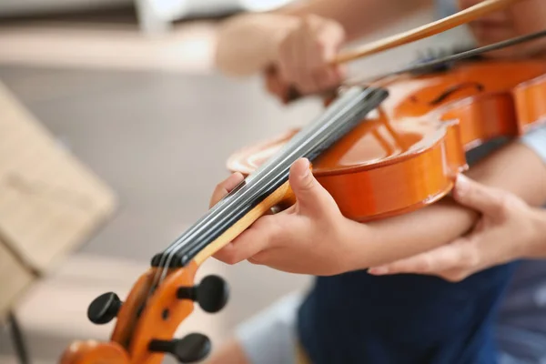 Young Woman Teaching Little Boy Play Violin Indoors Closeup — Stock Photo, Image