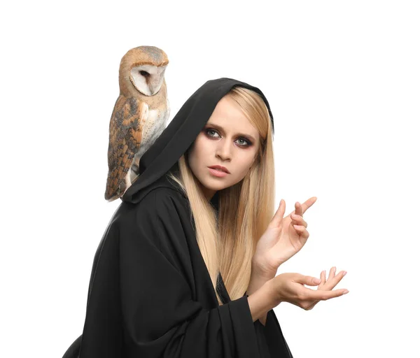 黑衣女巫 猫头鹰与白色隔离 可怕的幻想人物 — 图库照片